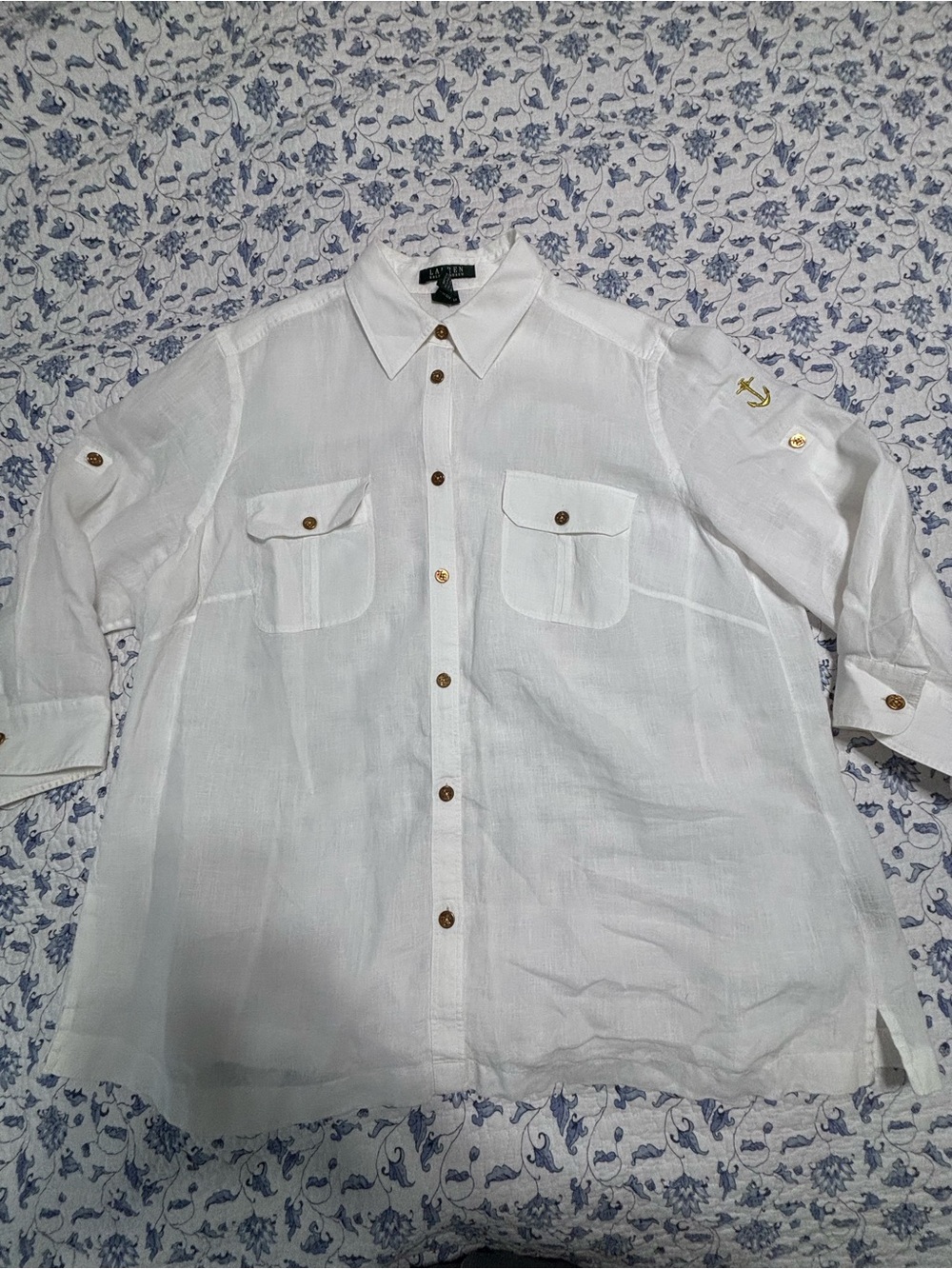 Lauren Ralph Lauren Women’s Plus 2X White Linen Button Down Shirt 3/4 Sleeve - Picture 2 of 11